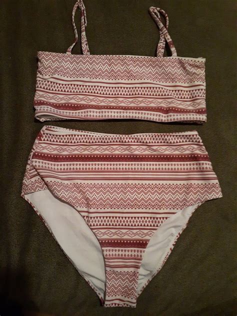 CUPSHE Burgundy And White Bikini Set Swim Suit Top Hi Gem