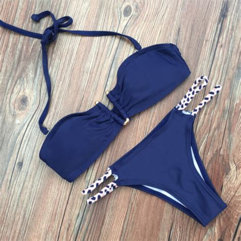 Sexy Dark Blue V Neck Bottom Braid Two Piece Bikini On Luulla