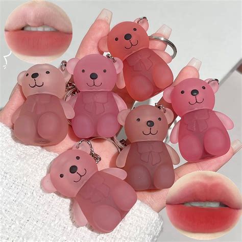 Bear Cute Keychain Clay Creamy Lip Mud Nude Matte Lip Tint Long Lasting Waterproof Non Stick Cup
