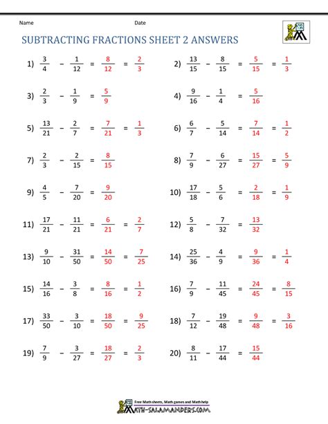 Subtracting Fractions Worksheets