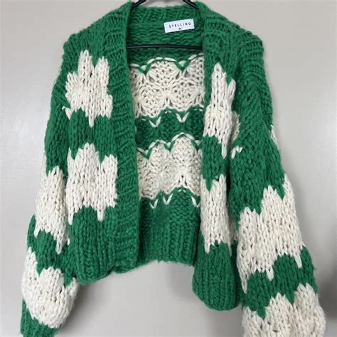 Green White Knit Cardigan Color Green And Depop