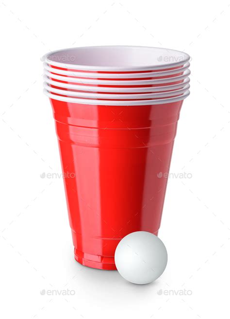 Beer Pong Red Plastic Cups And Ping Pong Ball Isolated On White