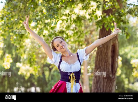 Pretty Oktoberfest Blonde Feeling Free In The Park Stock Photo Alamy