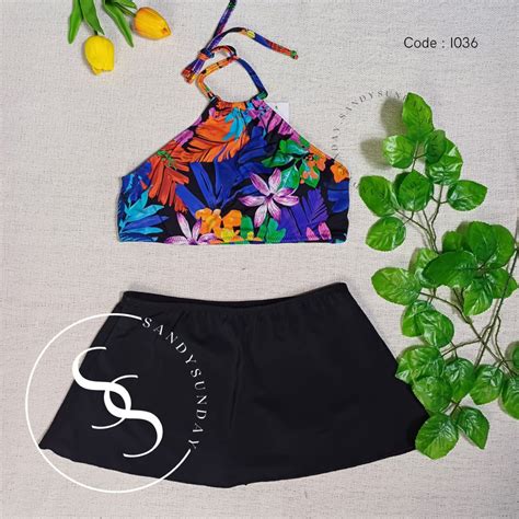 Jual Bikini Set High Neck Croptop Rok Celana Baju Renang Wanita Bikini Pantai Bikini Two Piece