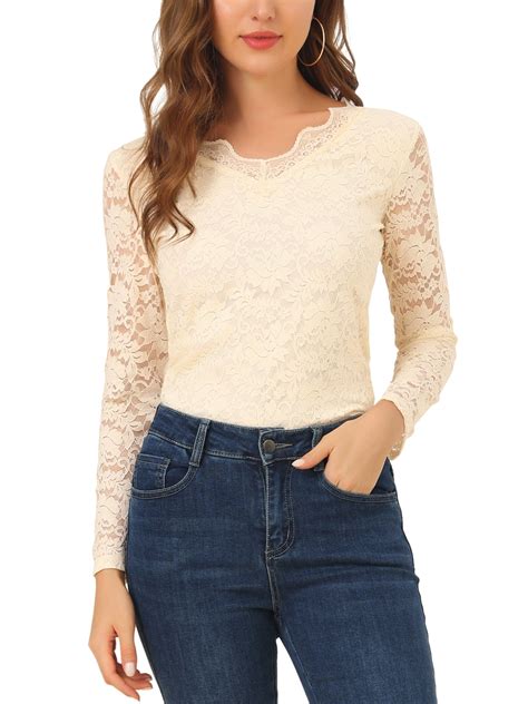 Allegra K Women S Floral Lace Top V Neck Long Sleeve Lace Scalloped Trim Blouse S Beige