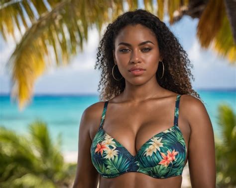 Premium Photo A Woman In A Tropical Bikini Top Standing In Front Of
