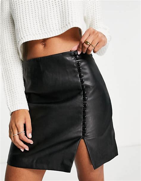 River Island Button Detail Faux Leather Mini Skirt With Split Hem In