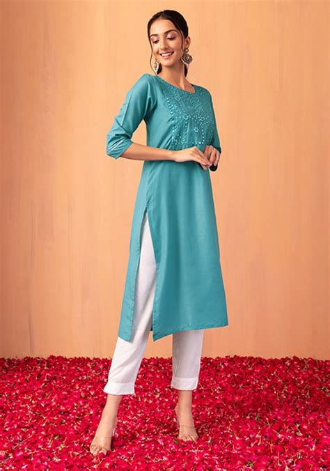 Buy Women Blue Mirror And Thread Embroidered Straight Kurta Aw