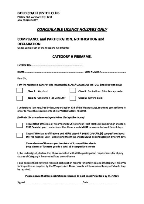 Participation Return Declaration 2021 Gold Coast Pistol Club