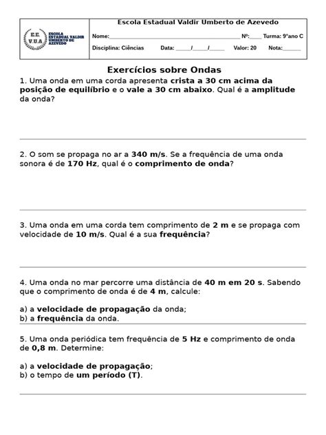 Exercícios Sobre Ondas 9 Ano - Exercícios sobre Ondas para 9° Ano | PDF | Ondas | Comprimento de onda