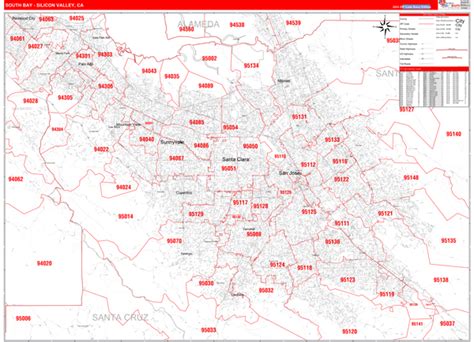 South Bay-Silicon Valley, CA Metro Area Zip Code Wall Map Red Line ...