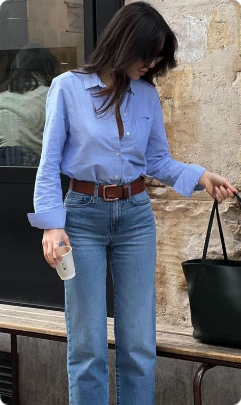 polo tucked  jeans blue button  outfit women denim blue