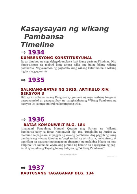 Kasaysayan Ng Wikang Pambansa Kasaysayan Ng Wikang Pambansa Timeline