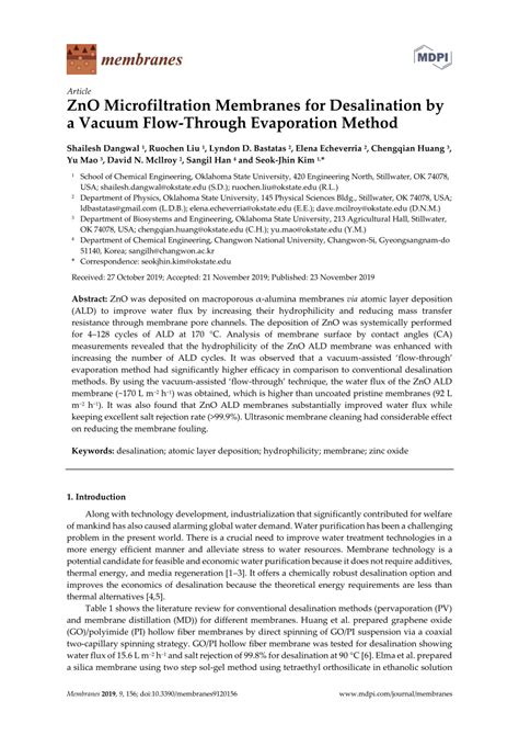 PDF ZnO Microfiltration Membranes For Desalination By A Vacuum Flow