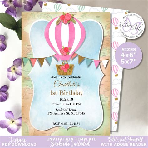 DIY Pink Hot Air Balloon Birthday Baby Shower Farewell Party Invitation PDF Editable Template