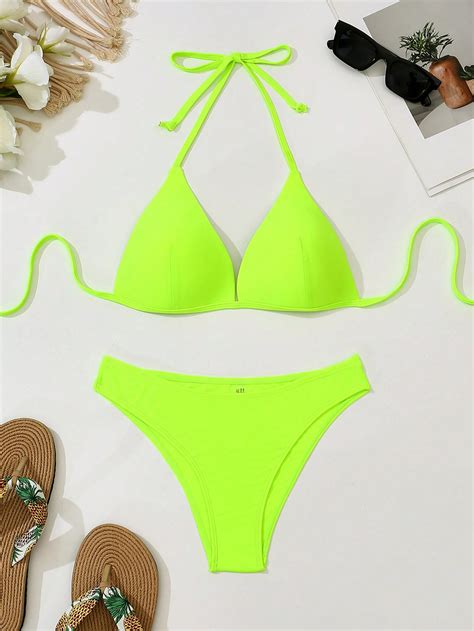 Shein Swim Basics Women Fluorescent Green Halter Neck Bikini Pink Shop