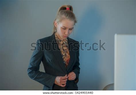Beautiful Blonde Woman Business Suit Sitting Stock Photo 1424901440 Shutterstock