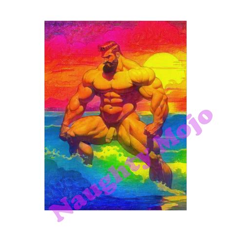 Rainbow Nude Beach Sunset Muscular Naked Man Rolled Poster Gay Pride Male Nudity Nudism
