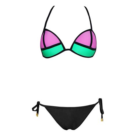Women S Sexy Black Halter Neck Patchwork Triangle Lace Up Bikini Set Bk