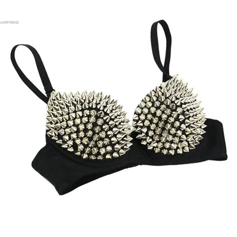 Women Spike Stud Rivet Bra Gold Silver Lingerie Punk Party Wear Clubwear Push Up Bra Sexy Disco