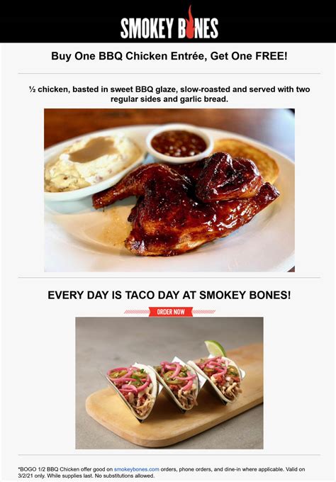 Second bbq chicken entree free today at Smokey Bones | Smokey Bones