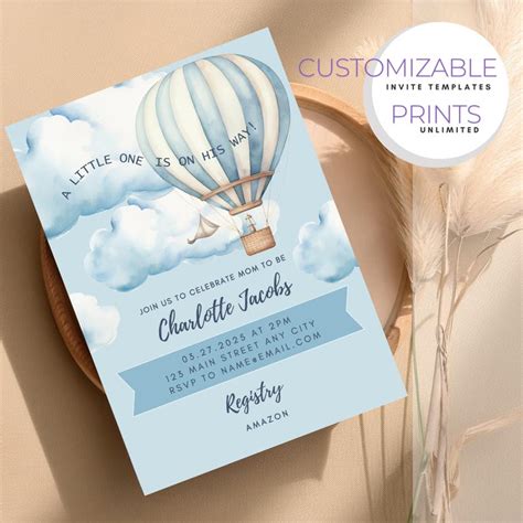 Hot Air Balloon Baby Shower Invitation Template Etsy