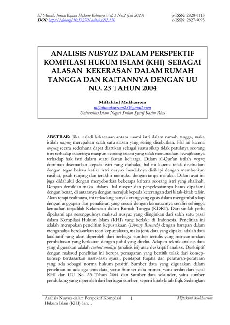 Pdf Analisis Nusyuz Dalam Perspektif Kompilasi Hukum Islam Khi Dan