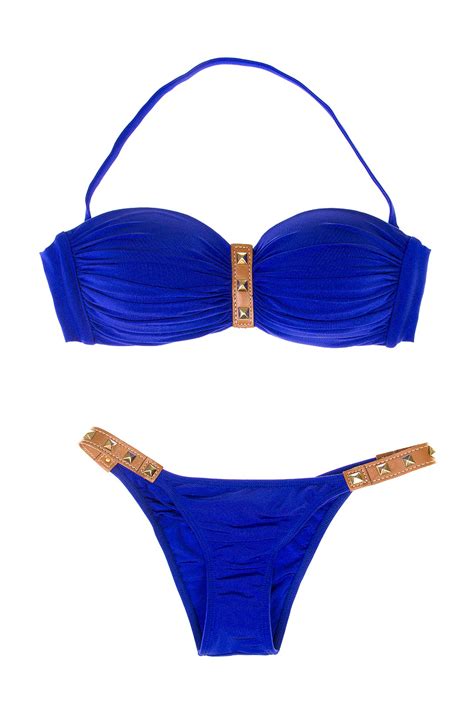 Royal Blue Bandeau Bikini Decorated With Leather And Studs Rock And Roll Royal