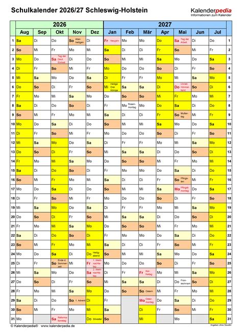 Schulkalender 2026 2027 Schleswig Holstein für Word