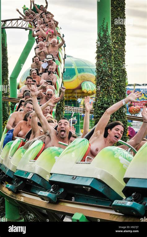 Naked Thrill Seekers Ride The Green Scream Roller Coaster On A Very Chilly Morning At Adventure