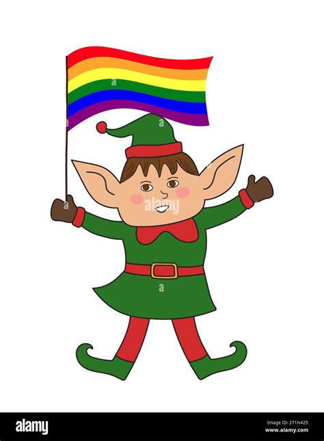 Cute Christmas Elf Hand Holding Gay Pride Rainbow Flag Cartoon Drawing Clipart Isolated On