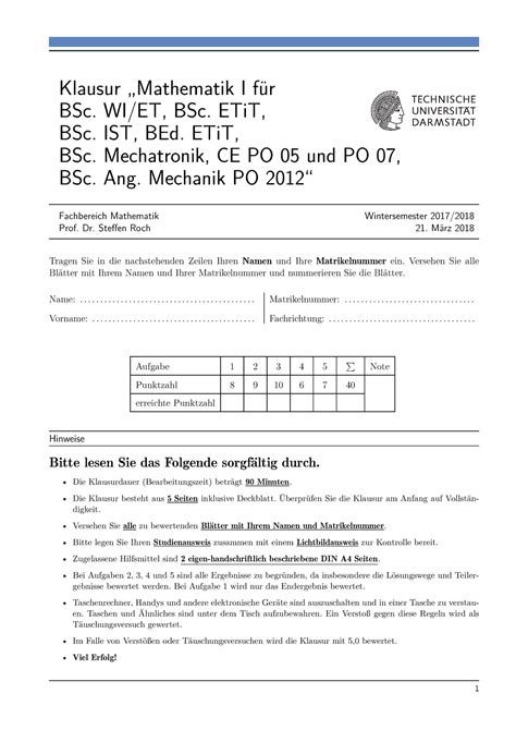 Mathe 1 Wi Se1718 Roch Klausur Mathematik I für BSc WI ET BSc