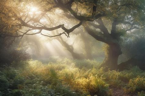 Premium Ai Image A Forest With A Sunburst In The Background