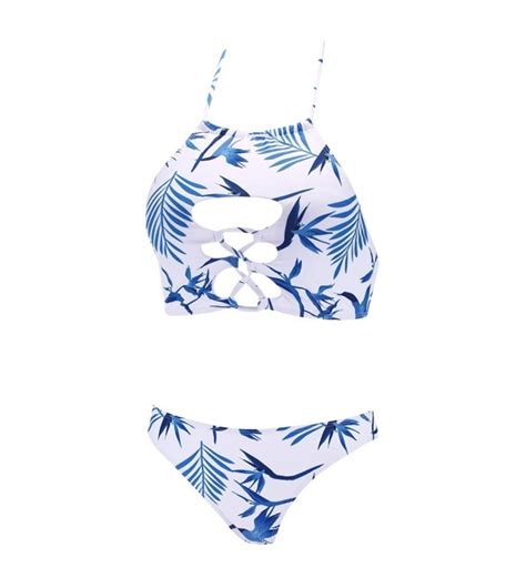 Halter High Neck Bikini Floral Print Swimsuit For Women White