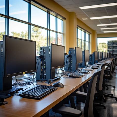 A computer lab with a row of monitors on the desk | Premium AI ...