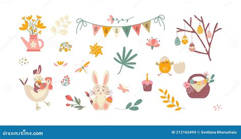 A Set Of Cute Easter Cartoon Characters And Design Elements Stock