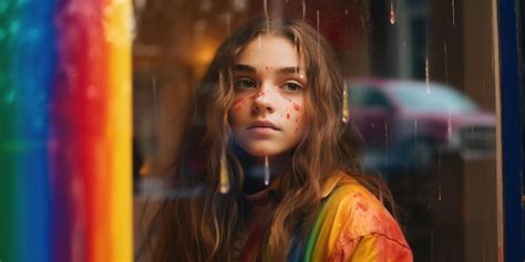 Premium AI Image Caucasian Lesbian Woman In Rainbow Room Looking Out Window At Gay Pride Day