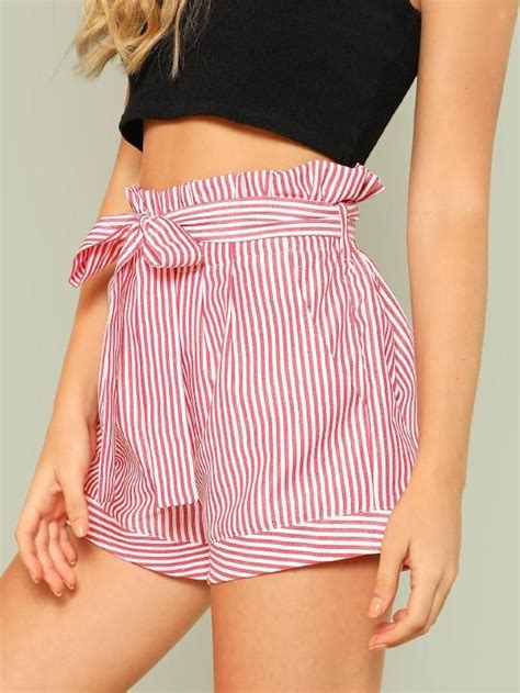 Shein Frilled Waist Belted Striped Shorts Summer Fashion Outfits