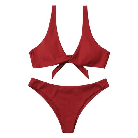 Bikini acanalado de color rojo liso para Mujer bañador Retro Vintage