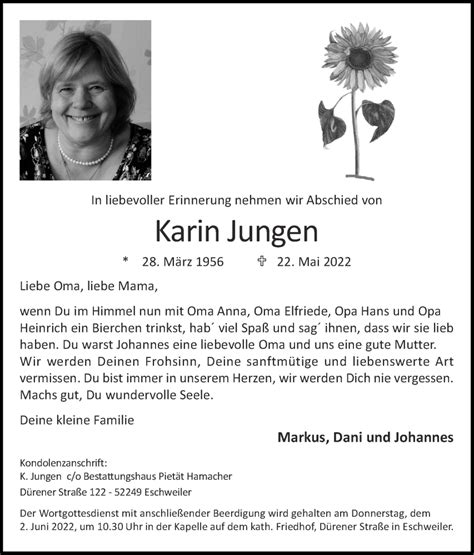 Traueranzeigen Von Karin Jungen Aachen Gedenkt