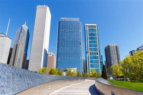Chicago City Downtown Skyline Skyscraper And Bp Pedestrian Bridge In