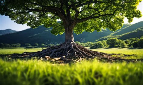 Majestic Solitary Tree Standing Tall With Intricate Root System And