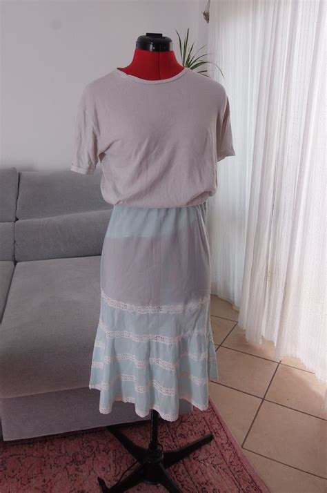 Vintage Slip Midi Skirt With Lace 70 S Baby Blue Lingerie Skirt With Ruffles Layers By The