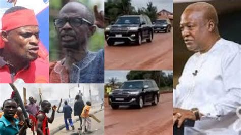 ßreak Kwahu youth chases Mahama with stones as they blocks his v8 U