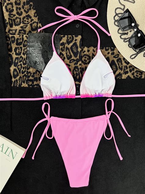 Colorblock Bikini Set Halter Triangle Bra Tie Side Thong Bottom Piece