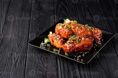 Chicken Wings Traditional Asian Recipe Dark Background Copy Space