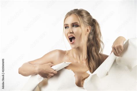 Beautiful Topless Girl Tears A Large Sheet Of White Whatman Paper And Covers With It Her Naked