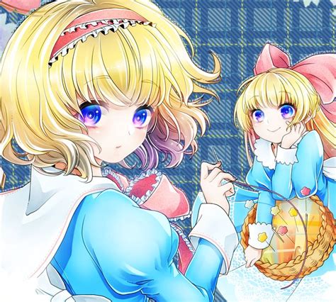 1girl O Alice Margatroid Bangs Basket Blonde Hair Blue Background Blue Dress Blue Eyes Bow