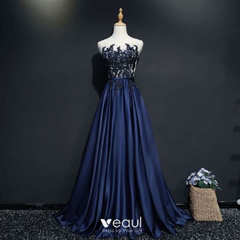 Chic Beautiful Navy Blue Evening Dresses 2017 A Line Princess Lace U Neck Appliques Backless