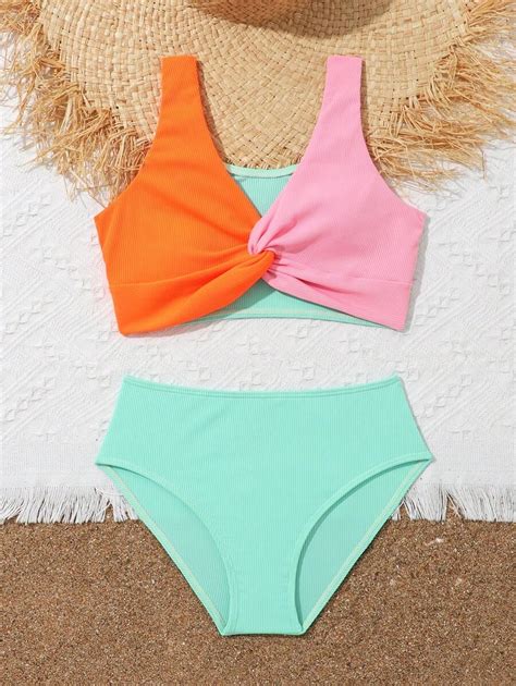 Conjunto De Mai Bikini Bloco De Cores E Twist Na Frente Para Meninas Pr Adolescentes